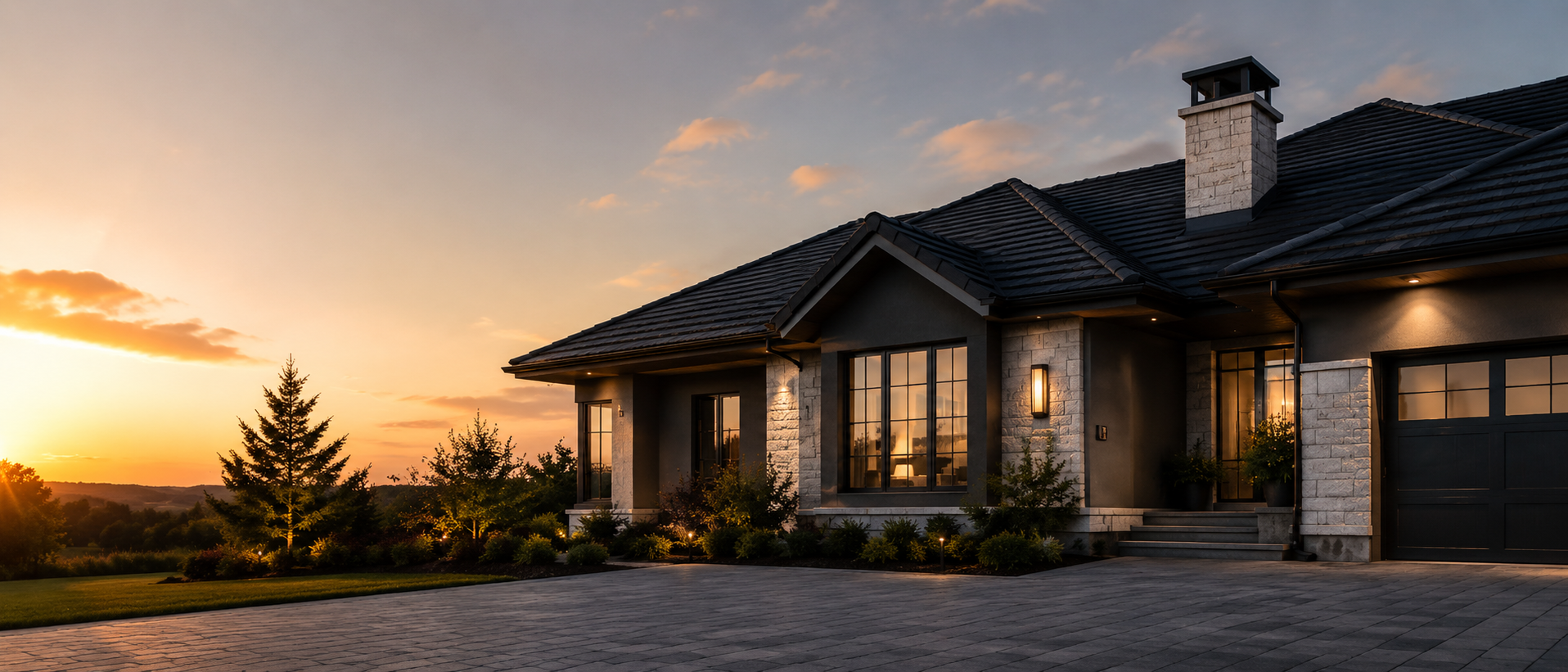 Premium residential home at dusk with newly restored roof
